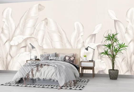 🌿 Фотообои «Светлые тропические листья в бежевых тонах»