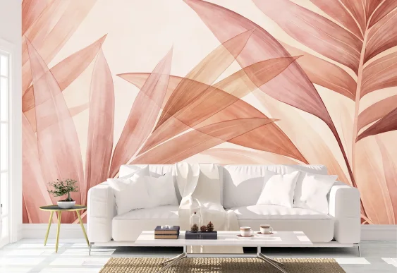 🌿 Фотообои «Акварельные листья в коралловых тонах»