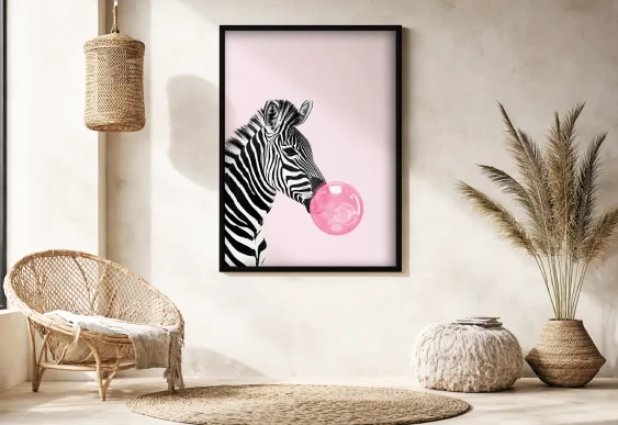 🦓 Tablou în ramă zebră cu balon roz stil pop art