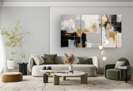 🖤 Модульная картина абстракция с черным и золотыми мазками