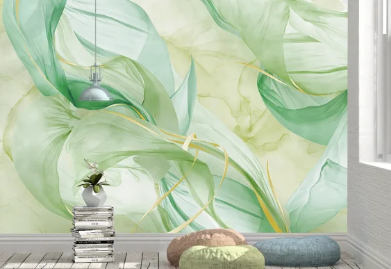 💚 Фотообои «Абстрактные зелёные волны с золотыми линиями»