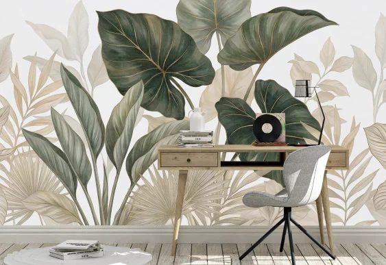 🌿 Фотообои «Тропические листья в зелёно-бежевых тонах»
