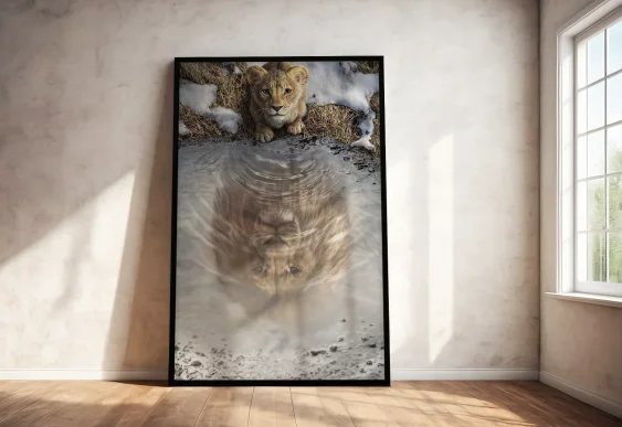🦁 Tablou în ramă pui de leu cu reflexia unui leu adult