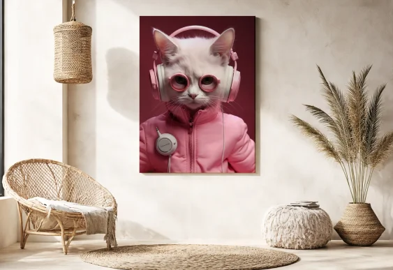 🐱 Картина Белый Кот в розовых наушниках на холсте