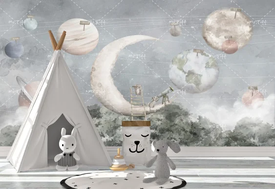 🌙 Фотообои «Космическая сказка с луной и планетами»