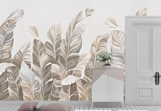 🍃 Фотообои «Бежевые тропические листья в светлом интерьере»
