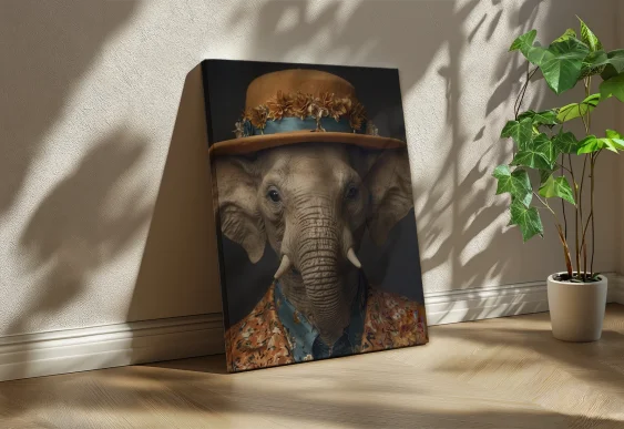 🐘 Картина Элегантный Слон в шляпе с цветами на холсте