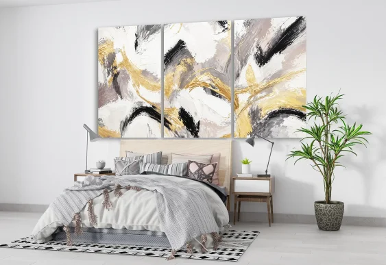 🎨 Модульная картина абстракция мазки с золотыми линиями