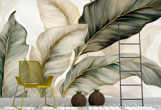🌿 Фотообои «Тропические листья с золотыми акцентами»