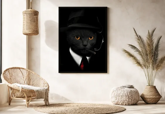 🐱 Tablou în ramă pisică în pălărie și costum elegant