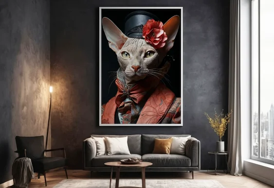 🎩 Картина кот в шляпе с цветком стильный портрет