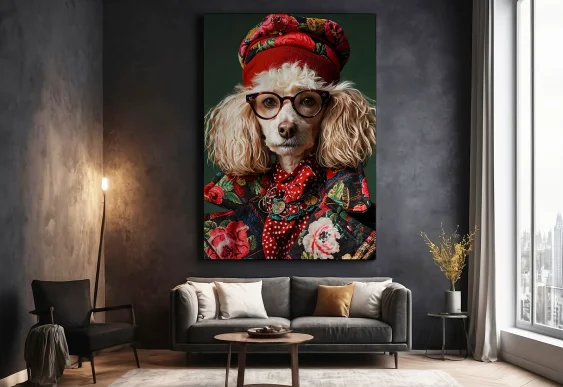 🐩 Картина Стильный Пудель в берете и очках на холсте