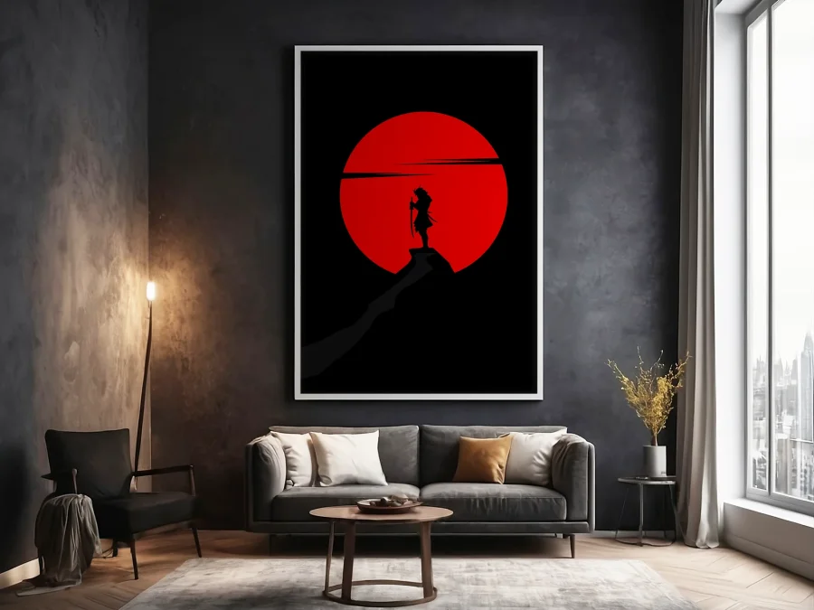🌅 Tablou în ramă siluetă samurai cu soare roșu