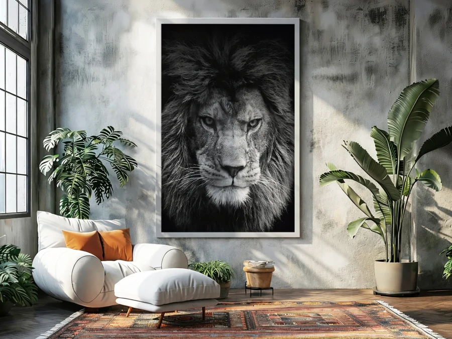 Tablou portret leu alb-negru prim-plan