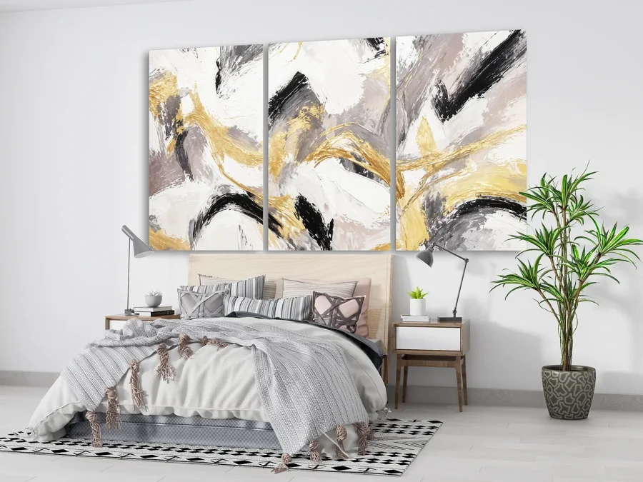 🎨 Модульная картина абстракция мазки с золотыми линиями