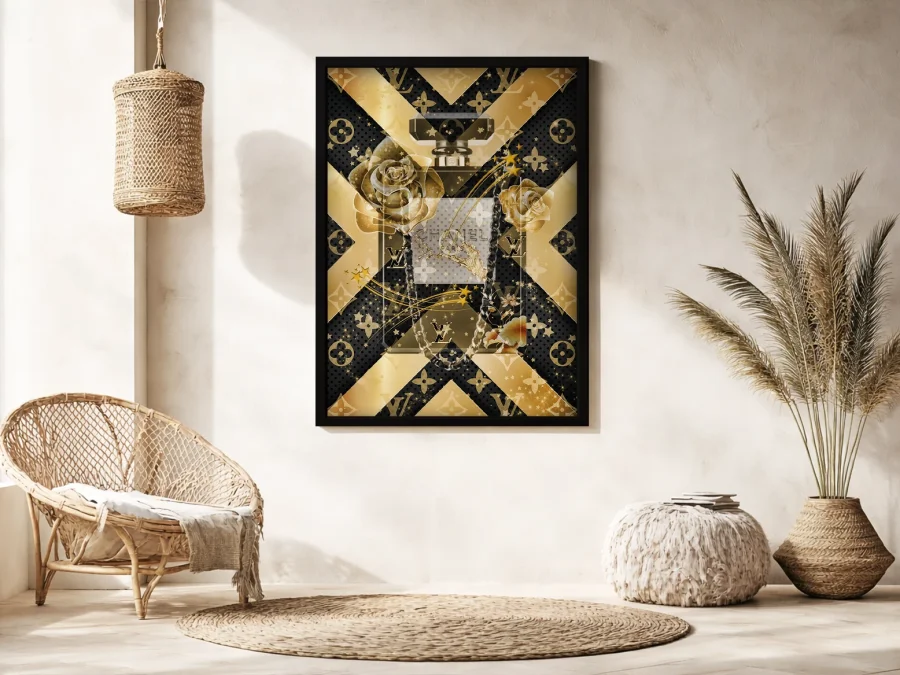 🌸 Картина на холсте Золотой флакон Chanel с розами