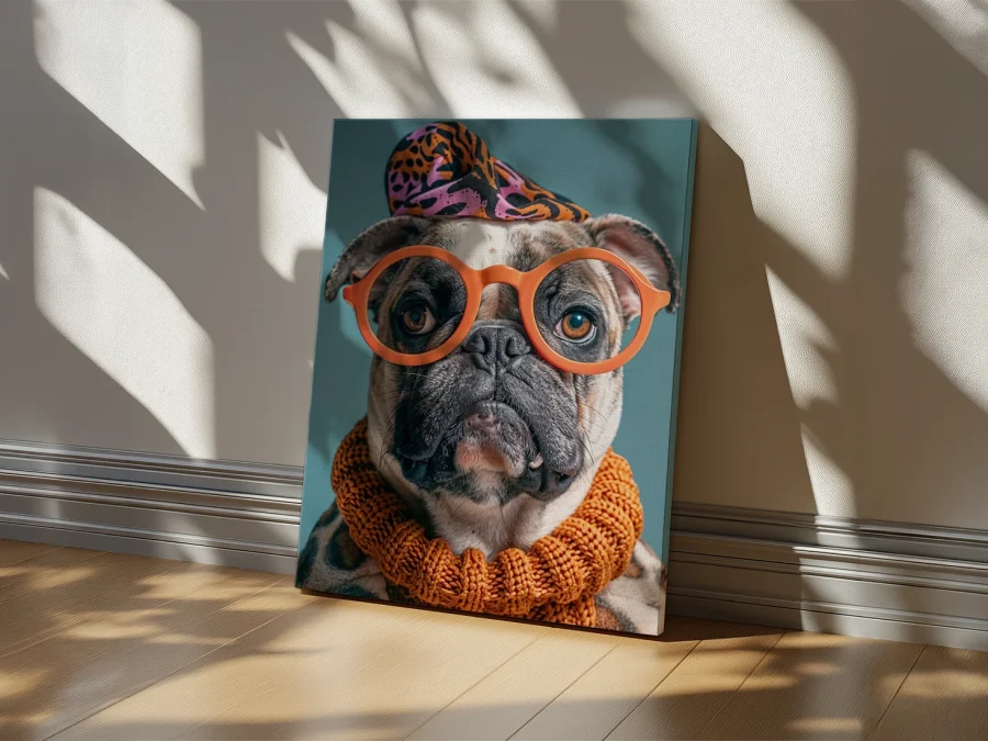 🐶 Tablou Bulldog Stilat cu ochelari și fular pe pânză