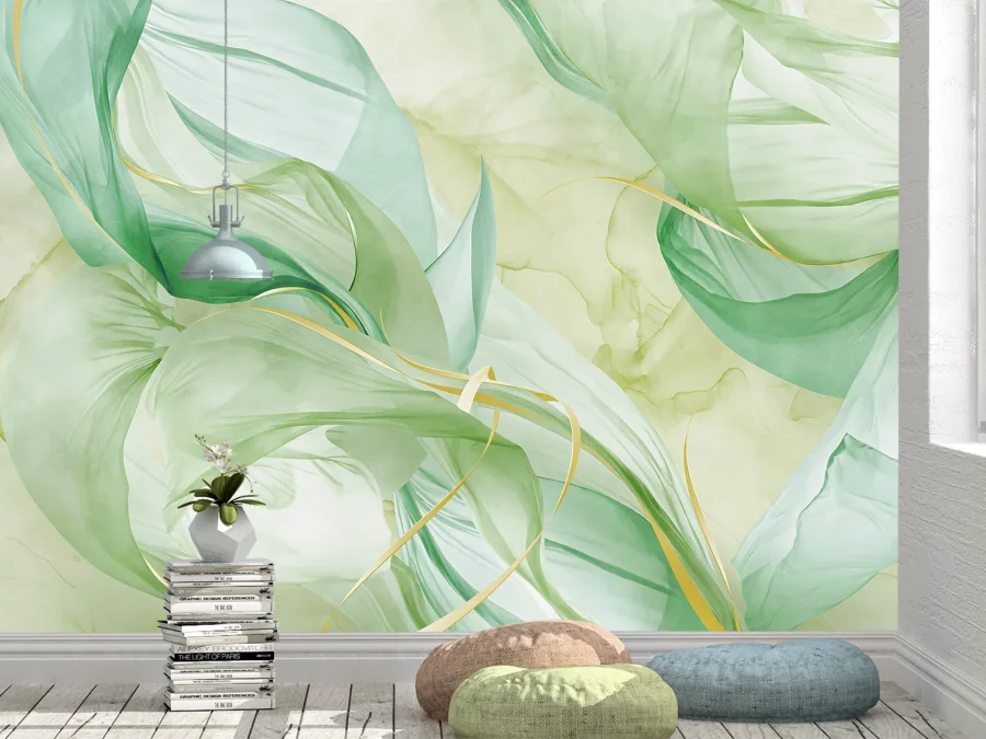 💚 Фотообои «Абстрактные зелёные волны с золотыми линиями»