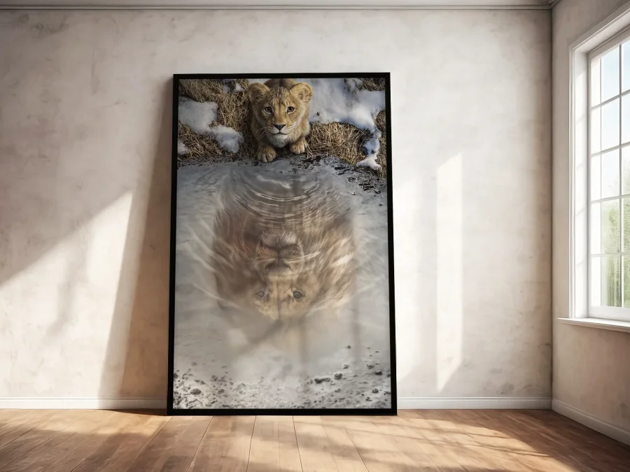 🦁 Tablou în ramă pui de leu cu reflexia unui leu adult
