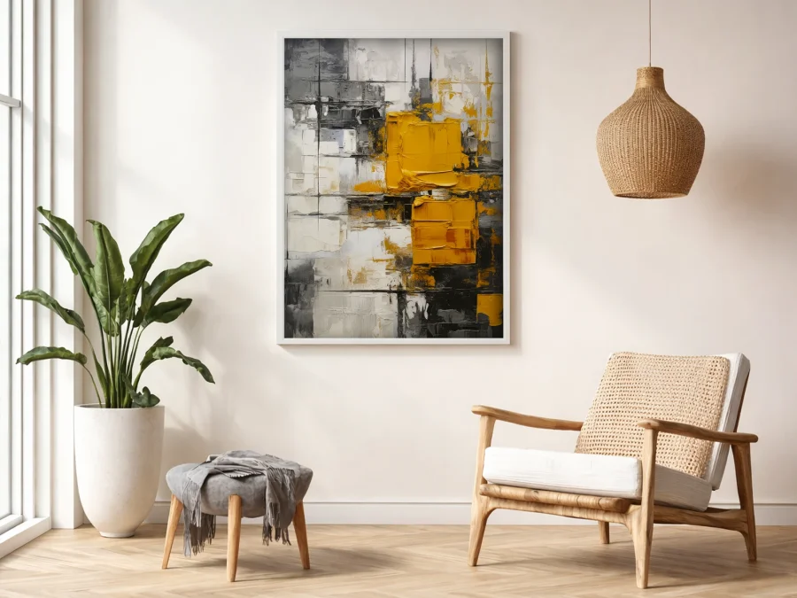 🎨 Tablou abstract accente gri și galben pe panza