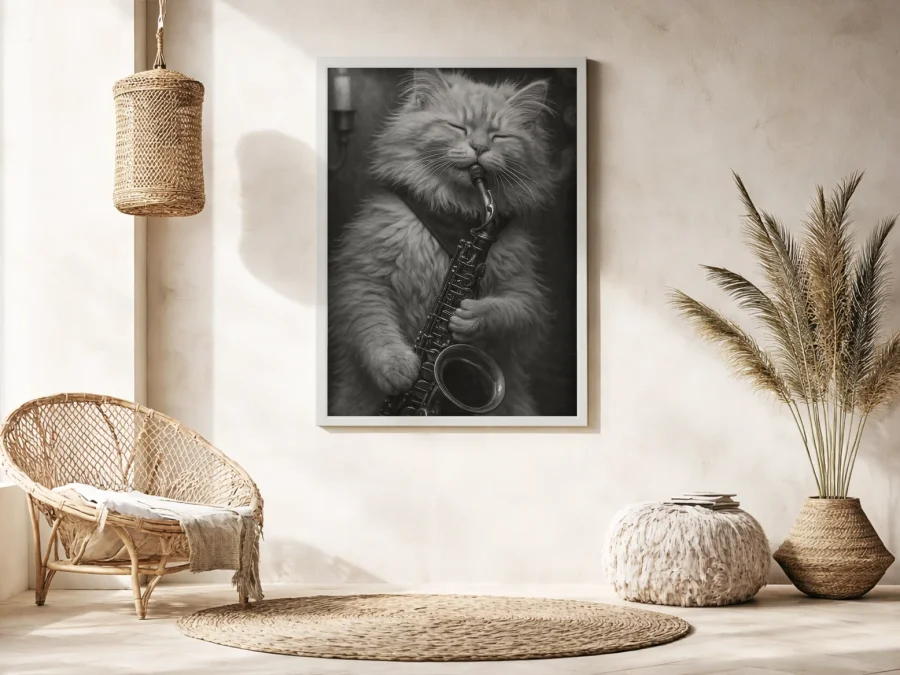 Tablou pisică cu saxofon alb-negru pe panza