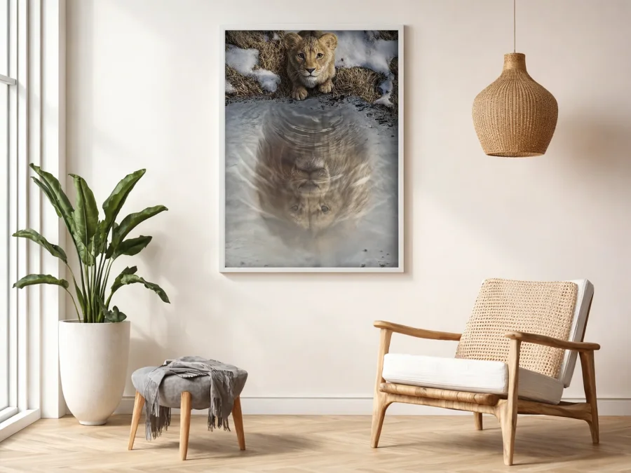 🦁 Tablou în ramă pui de leu cu reflexia unui leu adult
