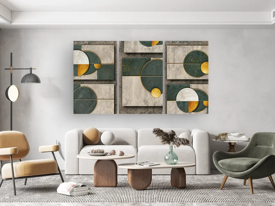 🟢 Модульная картина геометрия круги в зелёно-золотых тонах