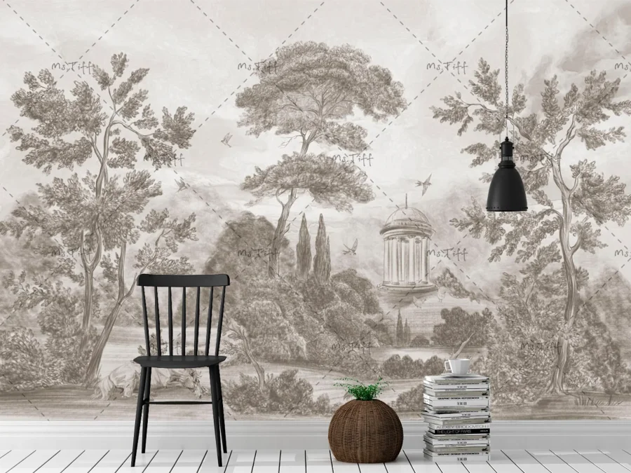 🏛️ Фотообои «Классический пейзаж в стиле гравюры»