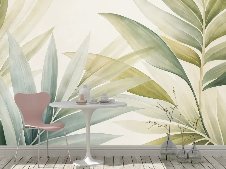 🌿 Фотообои «Лёгкие листья в зелёных и бежевых тонах»