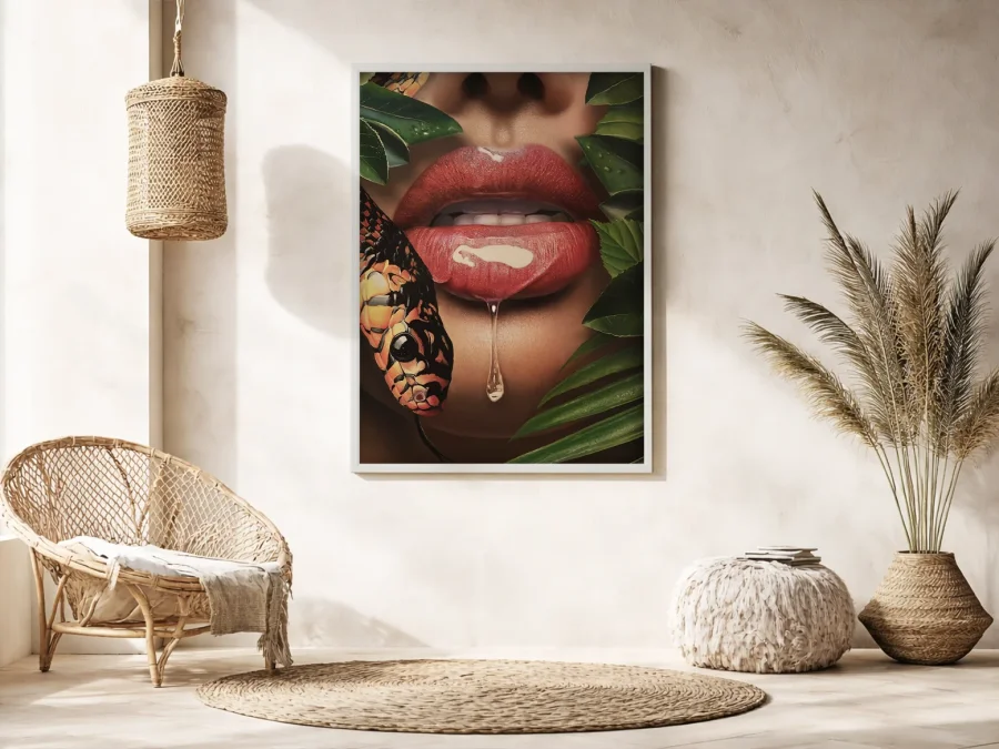 💋 Tablou în ramă cu buze, miere și șarpe stil tropical
