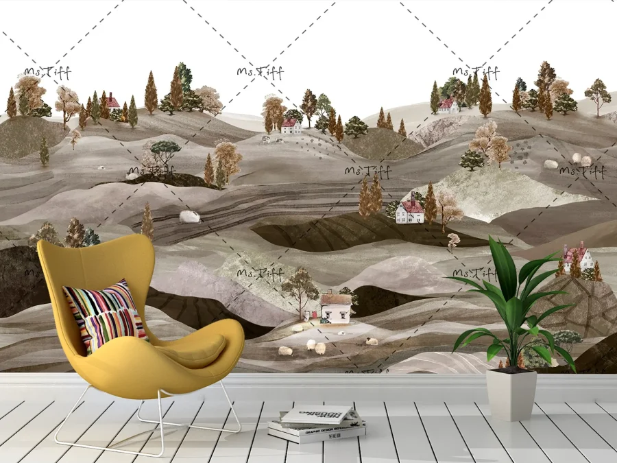 🏡 Фотообои «Холмы и деревни в пастельных тонах»