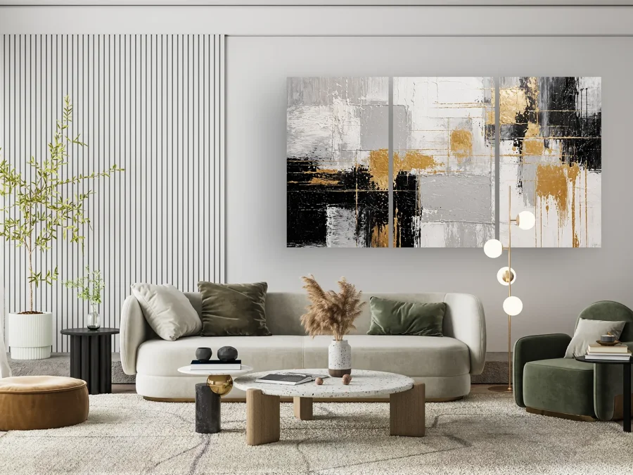 🖤 Модульная картина абстракция с черным и золотыми мазками