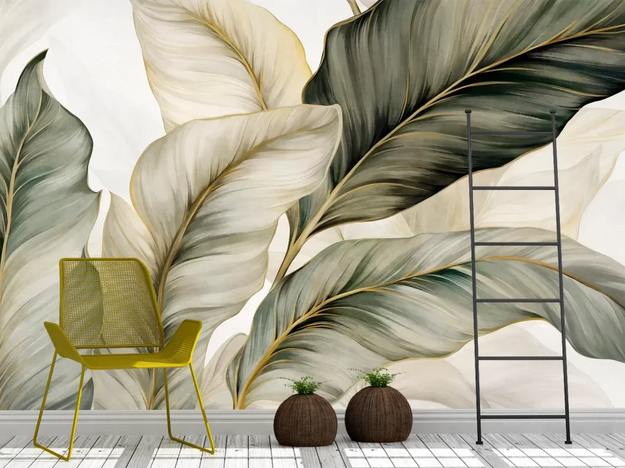 🌿 Фотообои «Тропические листья с золотыми акцентами»
