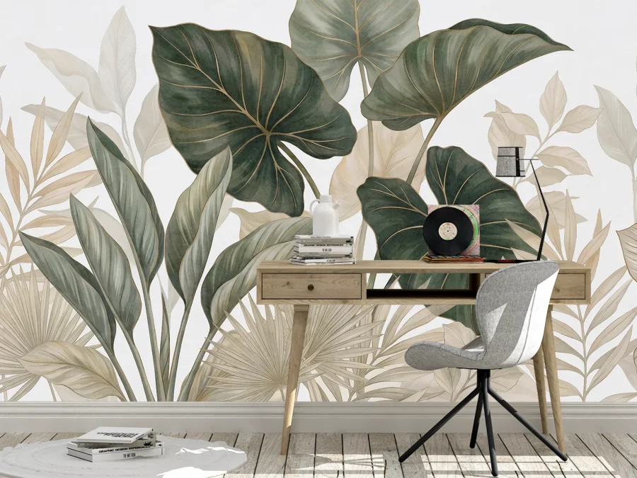 🌿 Фотообои «Тропические листья в зелёно-бежевых тонах»