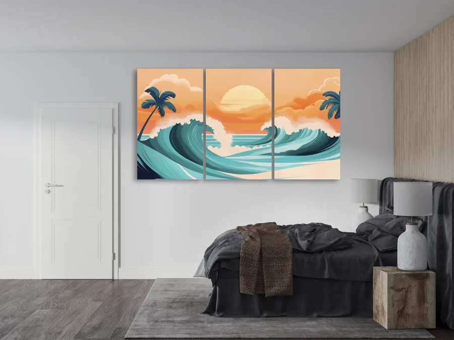 🌊 Модульная картина океанская волна на закате с пальмами