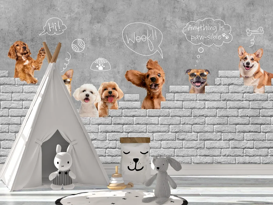 🐶 Fototapet „Căței veseli la perete”