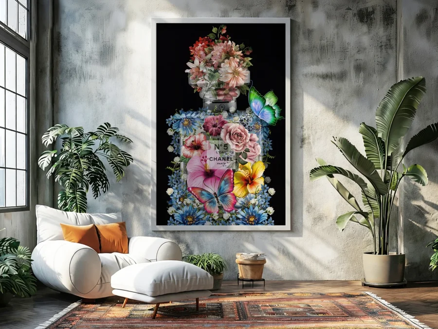 🌸 Картина на холсте Цветочный флакон Chanel с бабочками
