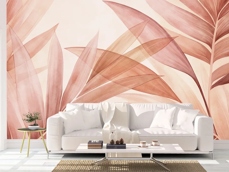 🌿 Фотообои «Акварельные листья в коралловых тонах»