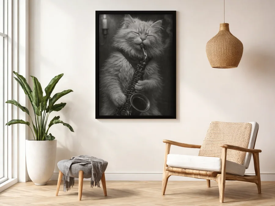 Tablou pisică cu saxofon alb-negru pe panza