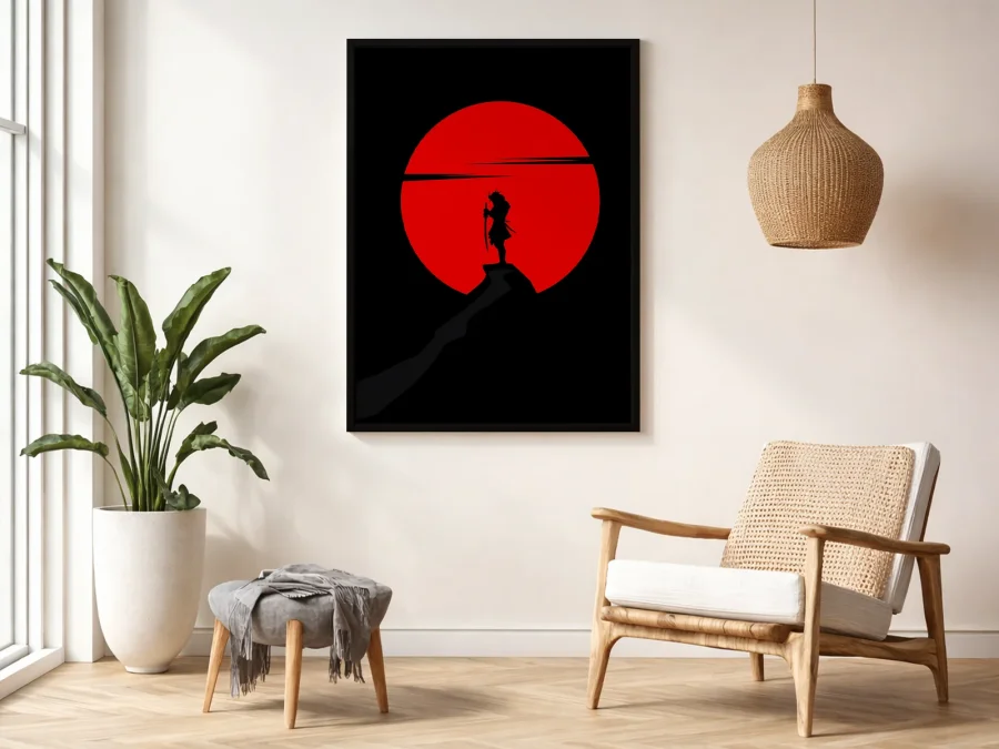 🌅 Tablou în ramă siluetă samurai cu soare roșu