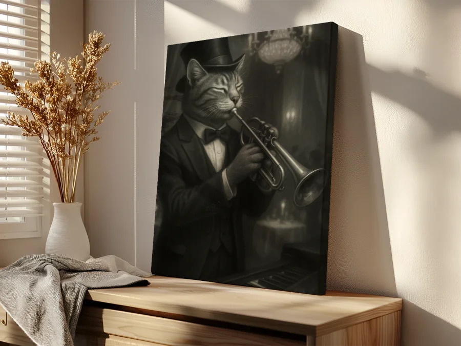 🎷 Tablou Motan Trompetist în stil Jazz pe pânză