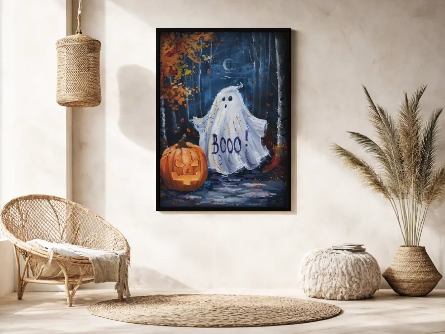 🎃 Tablou în ramă fantomă și dovleac halloween pădure noapte