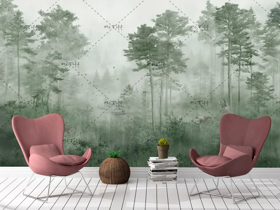 🌲 Фотообои «Туманный лес с соснами»