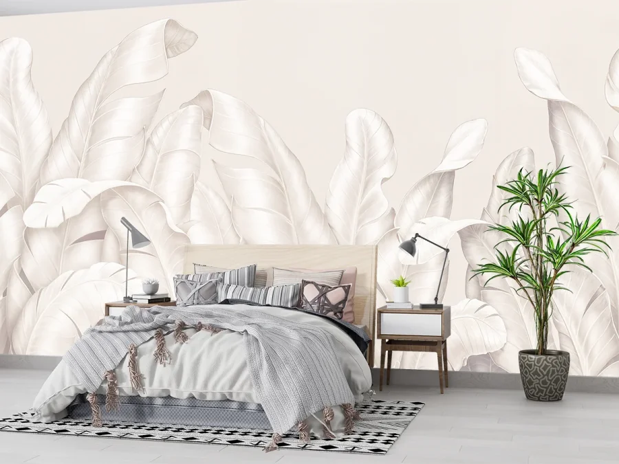 🌿 Фотообои «Светлые тропические листья в бежевых тонах»