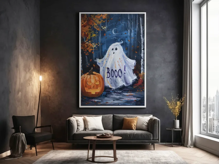 🎃 Tablou în ramă fantomă și dovleac halloween pădure noapte