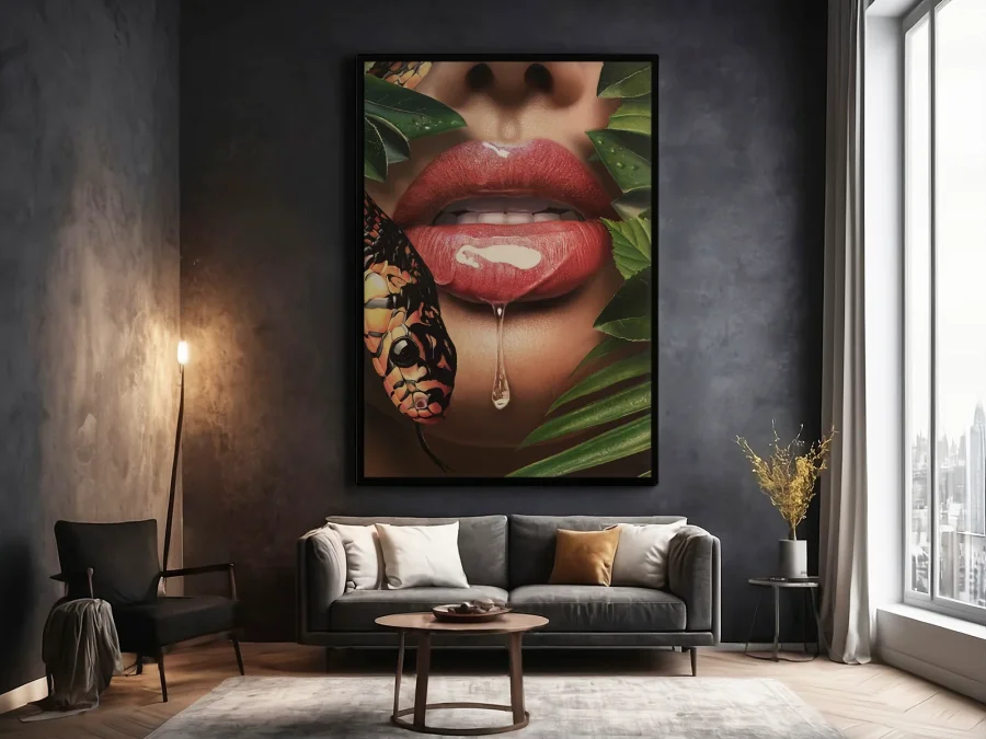 💋 Tablou în ramă cu buze, miere și șarpe stil tropical
