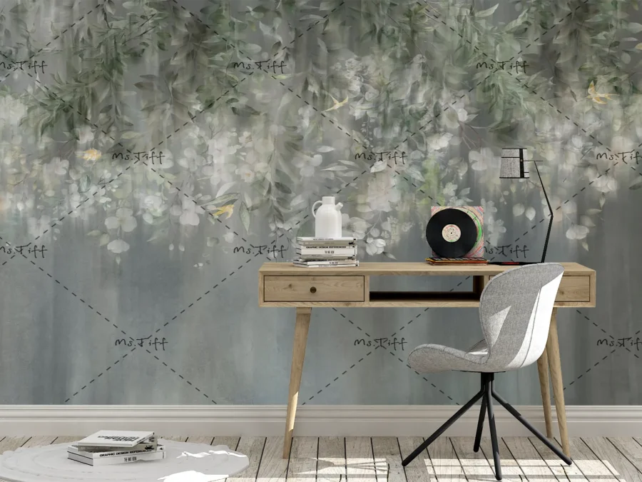 🌿 Fototapet „Ramuri înflorite în ceață”