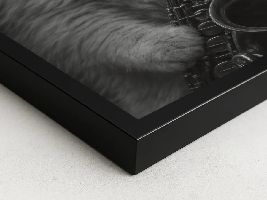 Tablou pisică cu saxofon alb-negru pe panza