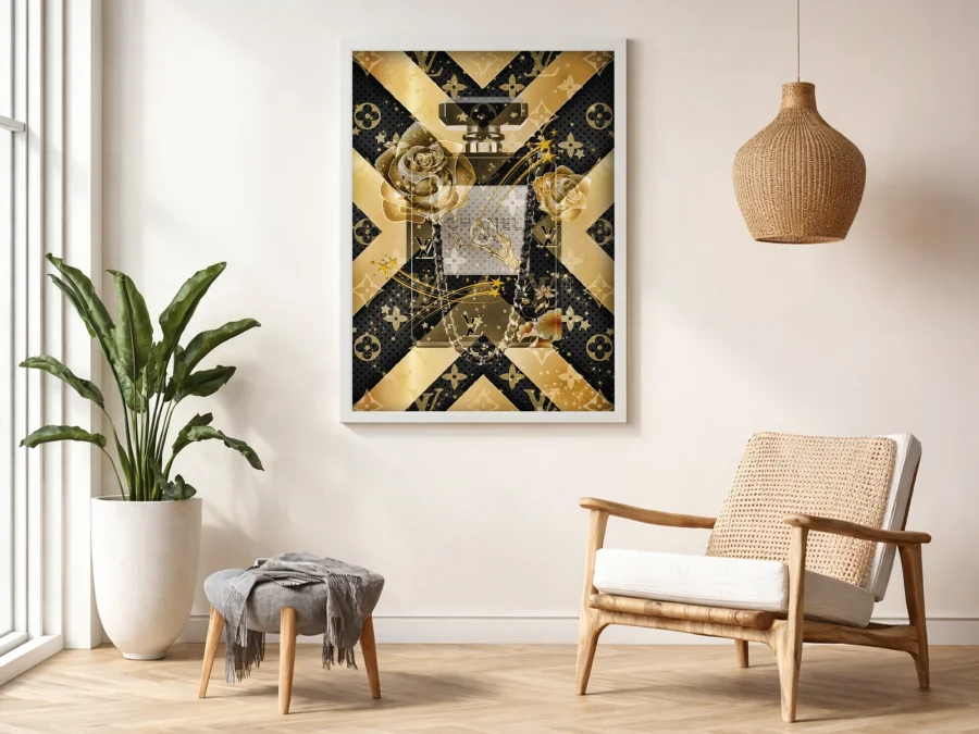 🌸 Картина на холсте Золотой флакон Chanel с розами