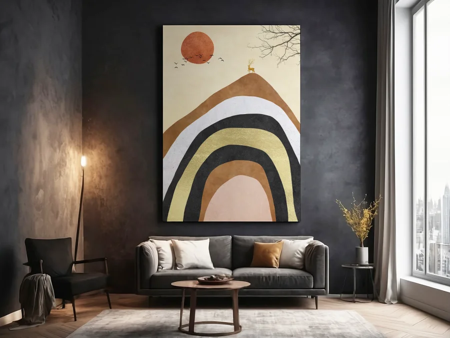 🎨 Абстрактная картина на холсте Олень на холмах и солнце